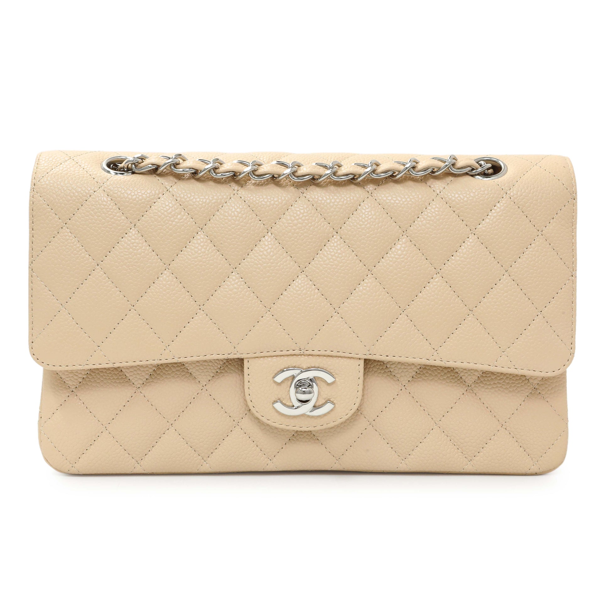 Exclusive Chanel Beige Caviar Medium Classic Flap — Front View