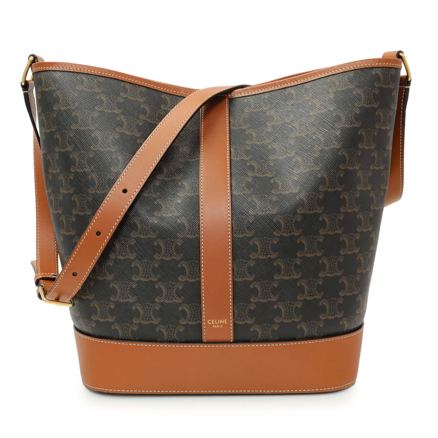 Exclusive Celine Tan Triomphe Canvas Calfskin Medium Bucket Bag — Front View