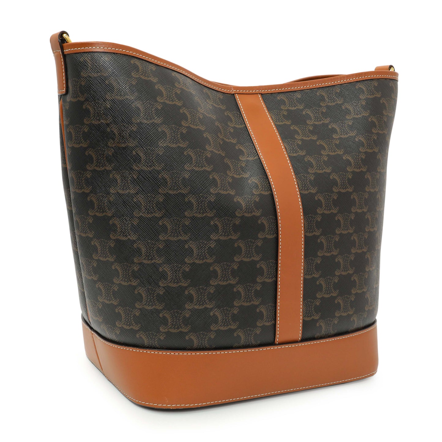 Exclusive Celine Tan Triomphe Canvas Calfskin Medium Bucket Bag — Side View