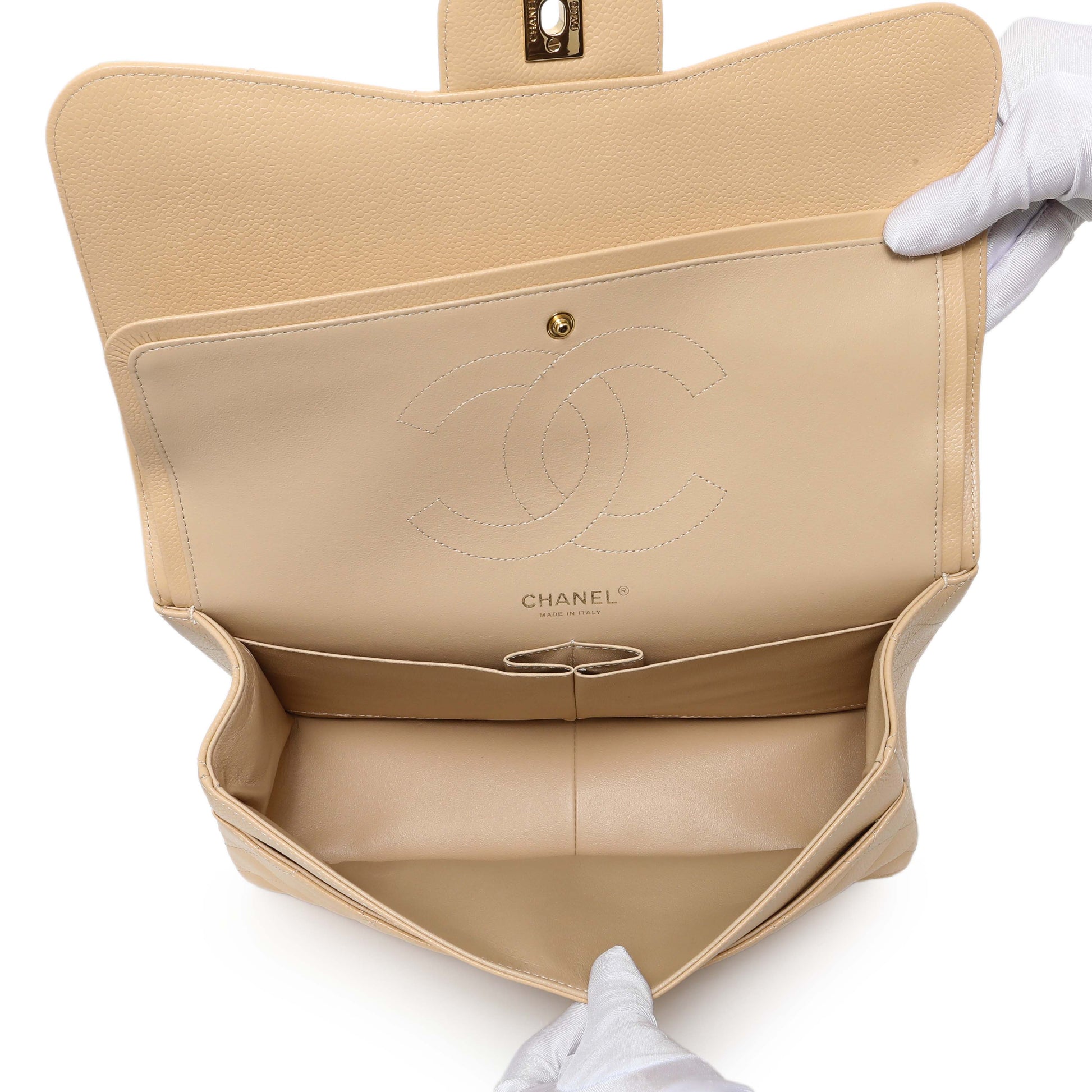 Exclusive Chanel Beige Quilted Caviar Jumbo Classic Double Flap — Top View