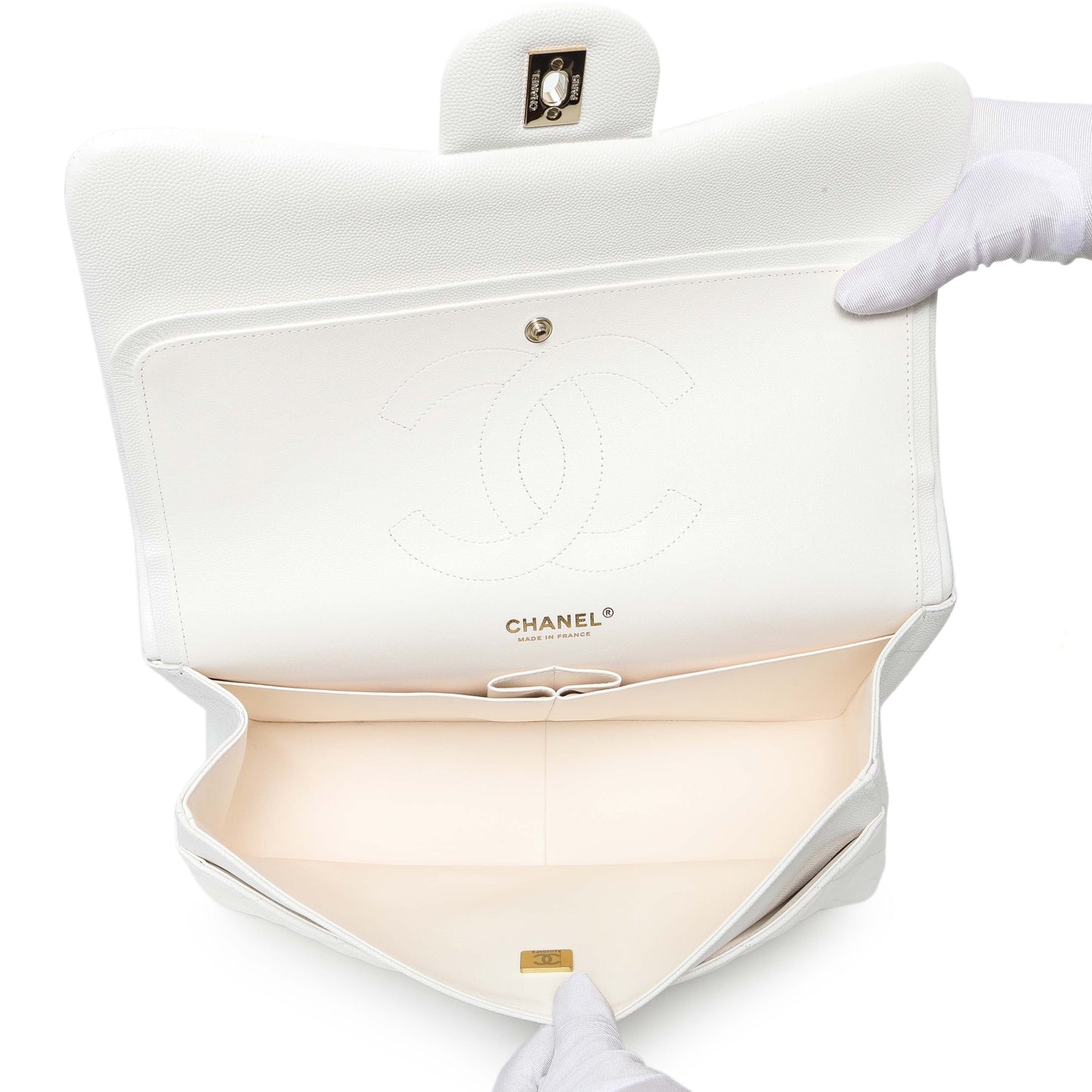 Exclusive Chanel White Quilted Caviar Jumbo Double Flap — Top View