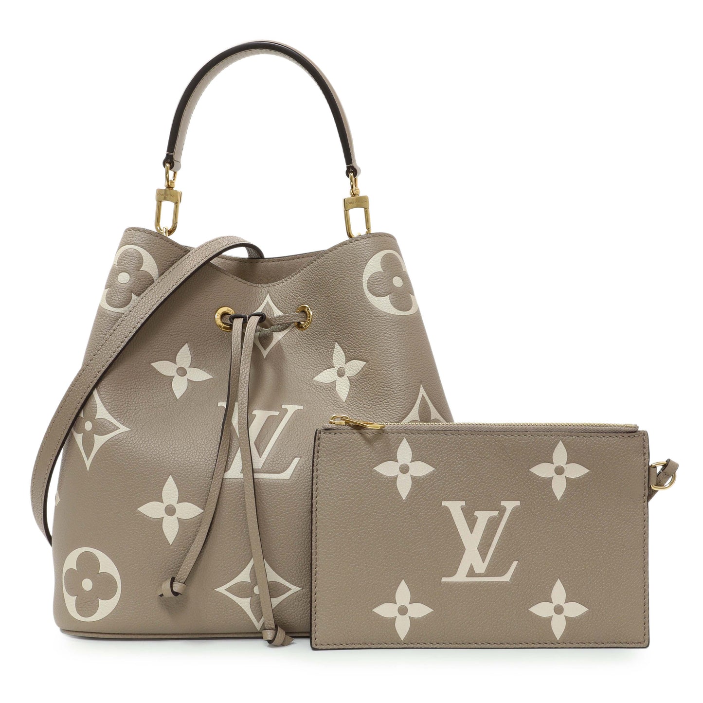 Exclusive Louis Vuitton Tourterelle Creme Empreinte Monogram Giant Neonoe MM — Front View