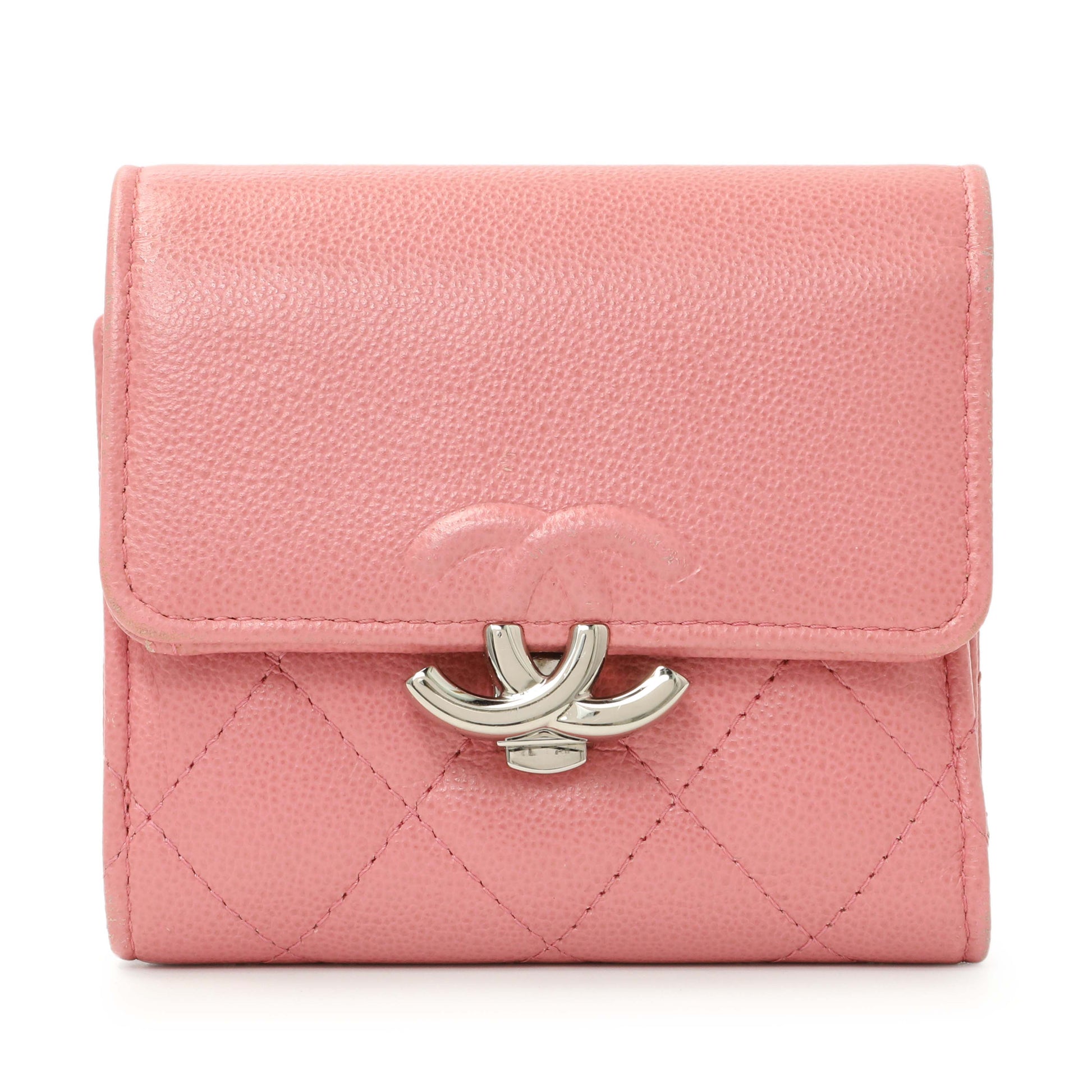 Exclusive Chanel Pink Quilted Grained Calfskin CC Box Flap Wallet — Front View