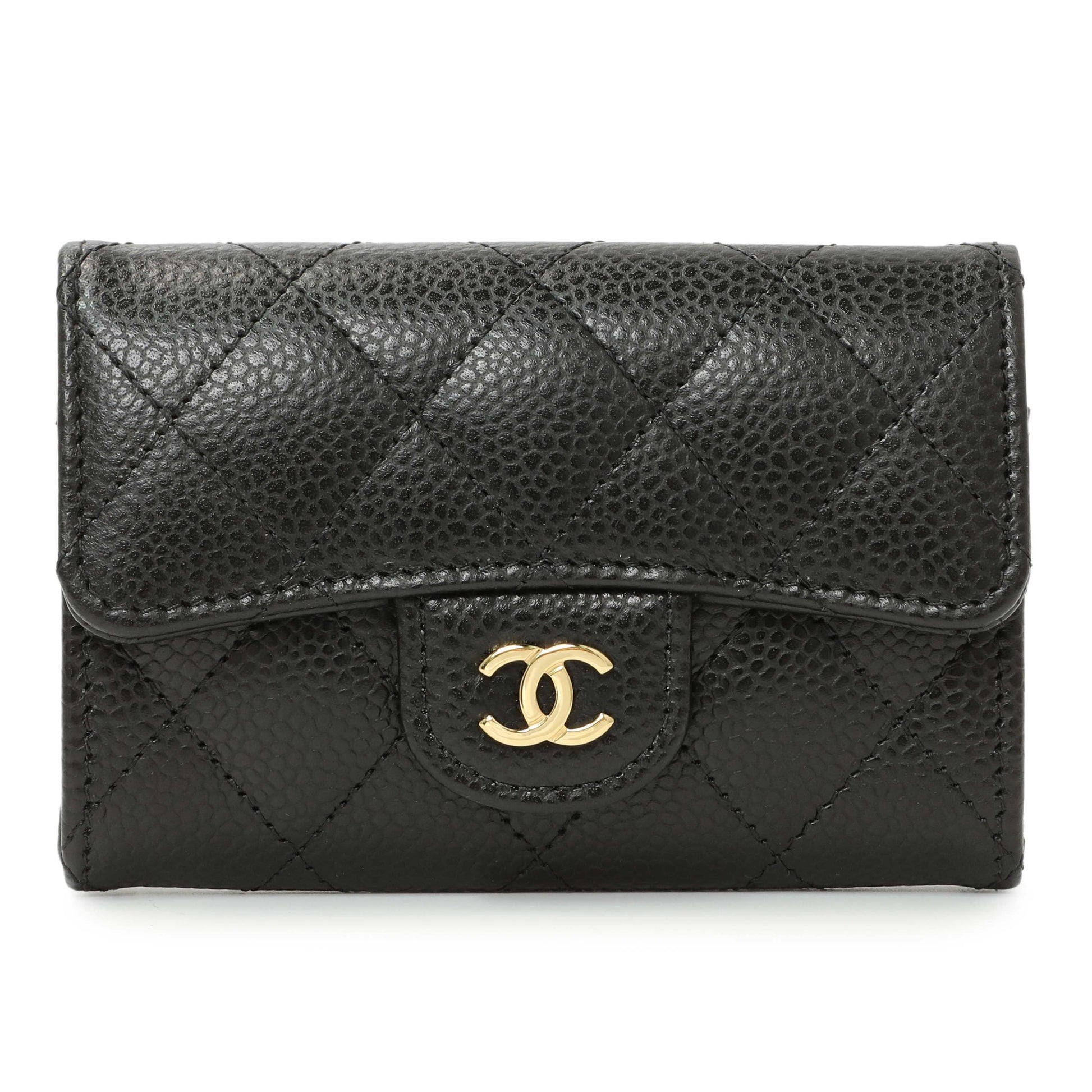 Exclusive Chanel Black Quilted Caviar Flap Card Holder Wallet — Front View