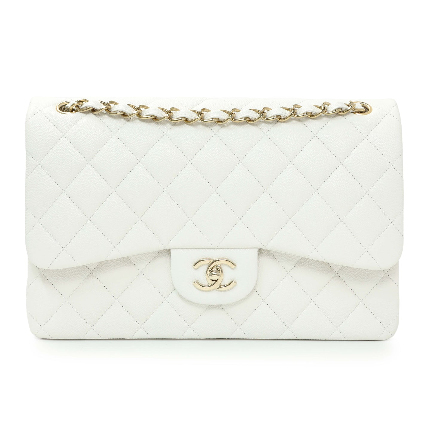 Exclusive Chanel White Quilted Caviar Jumbo Double Flap — Front View