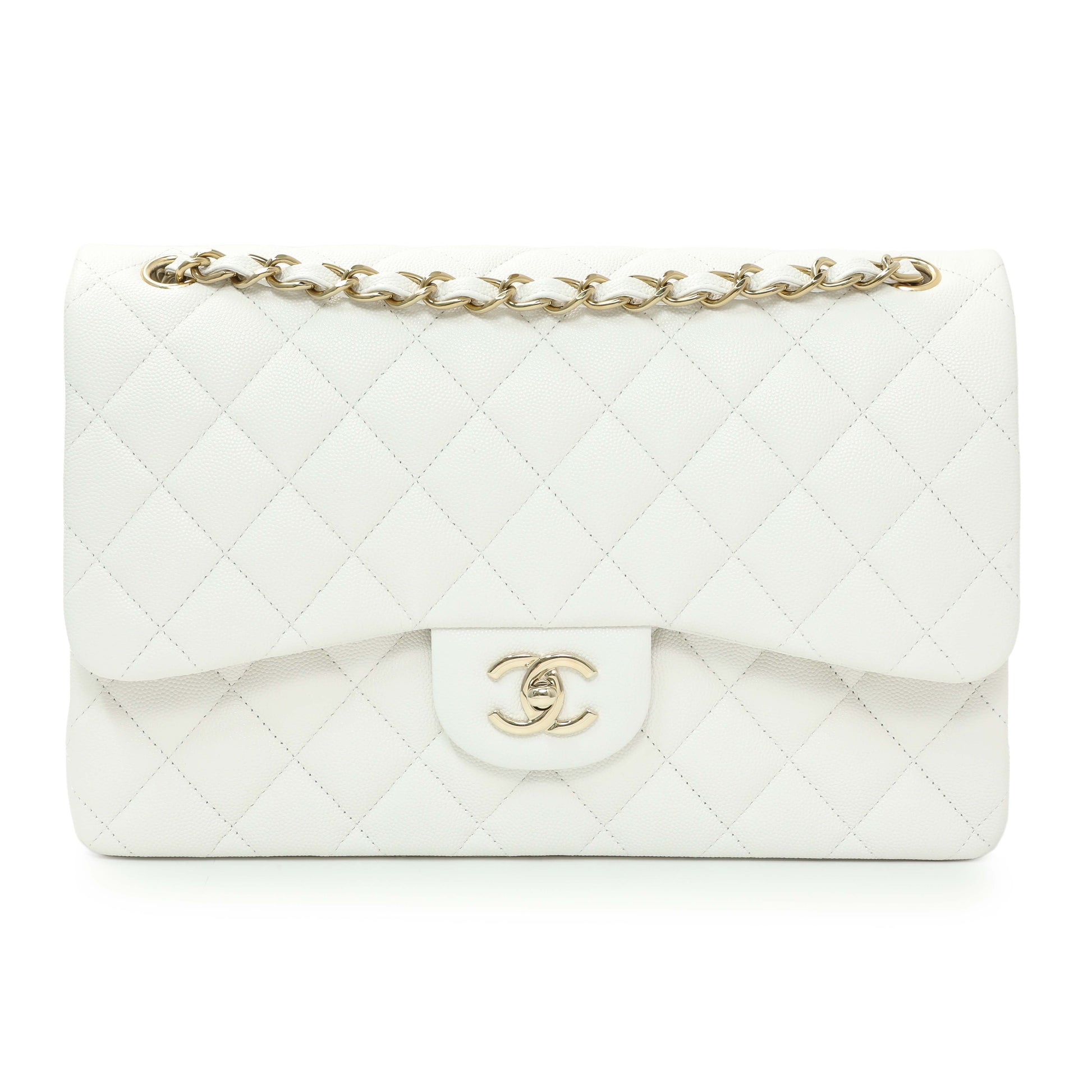 Exclusive Chanel White Quilted Caviar Jumbo Double Flap — Front View
