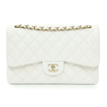 Exclusive Chanel White Quilted Caviar Jumbo Double Flap — Front View