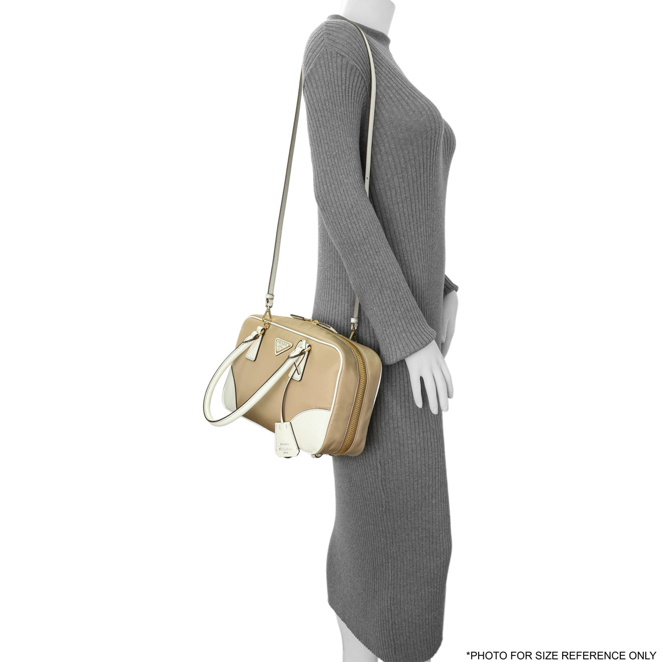 Exclusive Prada Camel White Re-Nylon Saffiano Medium Re-Edition 1978 Two Handle Bag — Lifestyle View