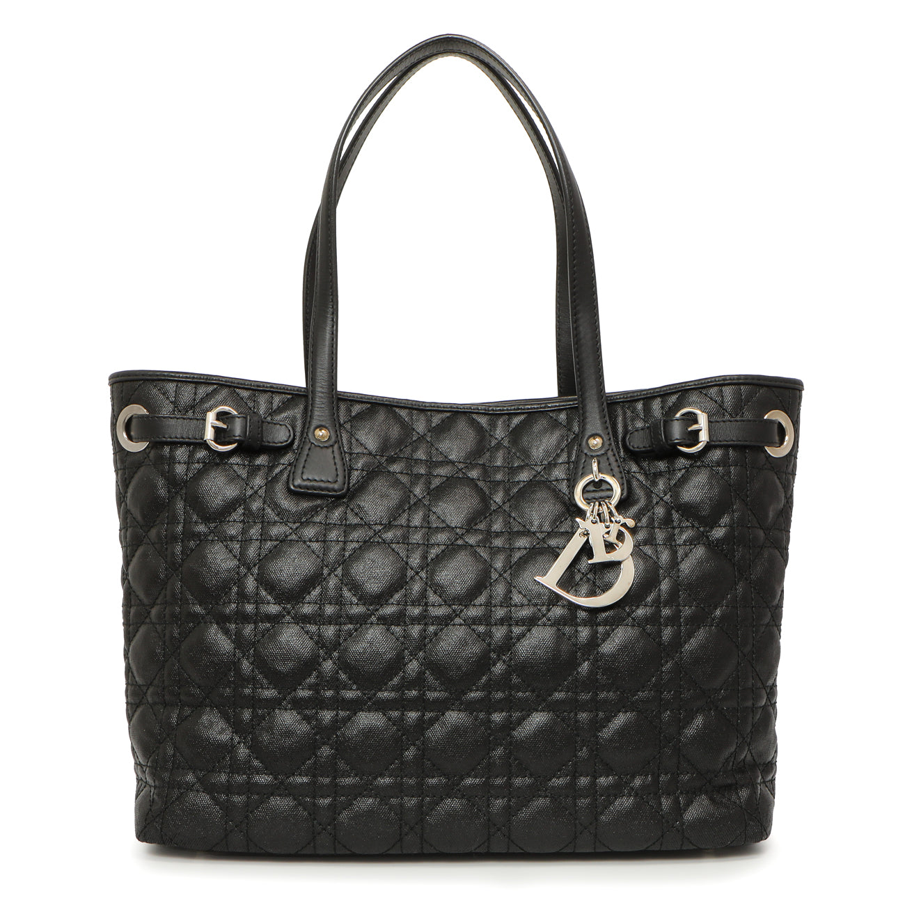 Exclusive Christian Dior Black Coated Canvas Cannage Small Panarea Tote — Front View
