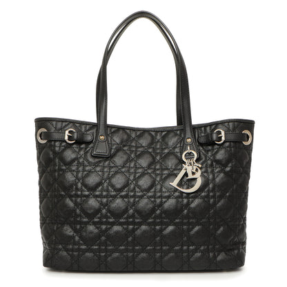 Exclusive Christian Dior Black Coated Canvas Cannage Small Panarea Tote — Front View