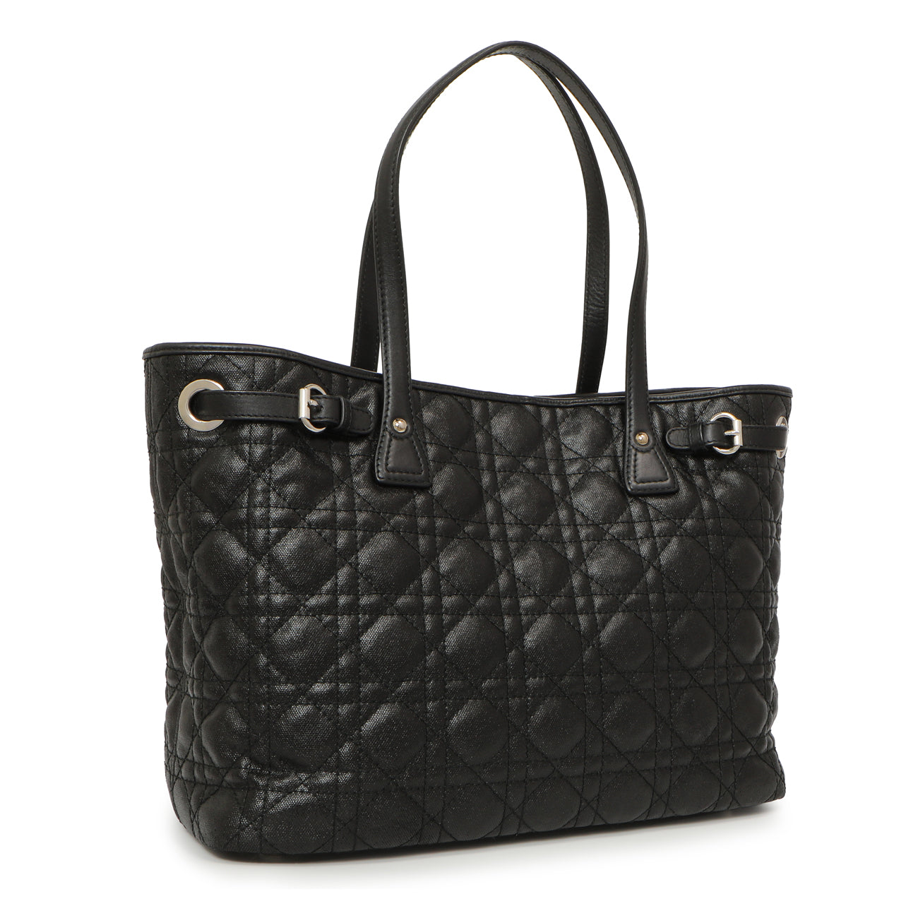 Exclusive Christian Dior Black Coated Canvas Cannage Small Panarea Tote — Side View