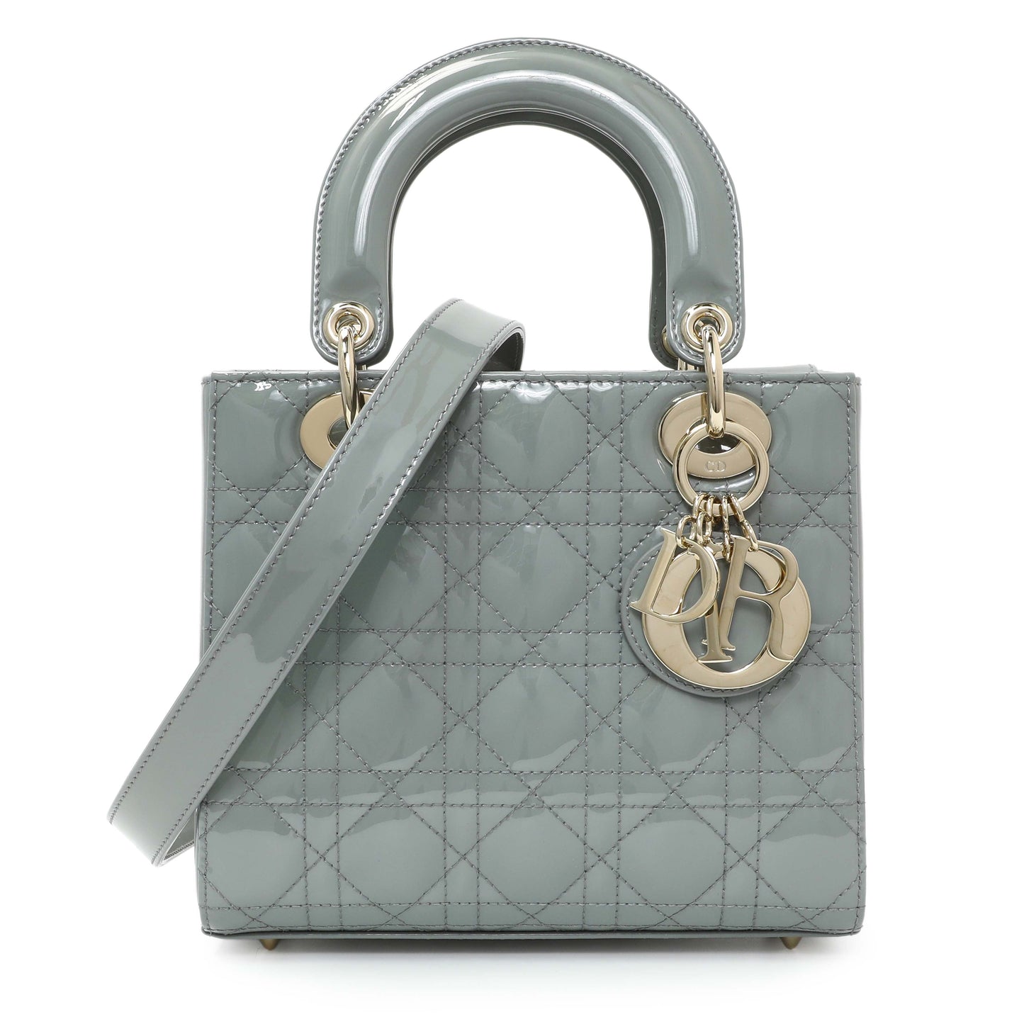 Exclusive Christian Dior Grey Patent Cannage Small Lady Dior — Front View