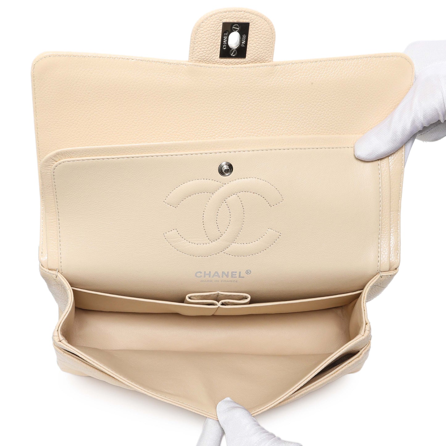 Exclusive Chanel Beige Caviar Medium Classic Flap — Top View