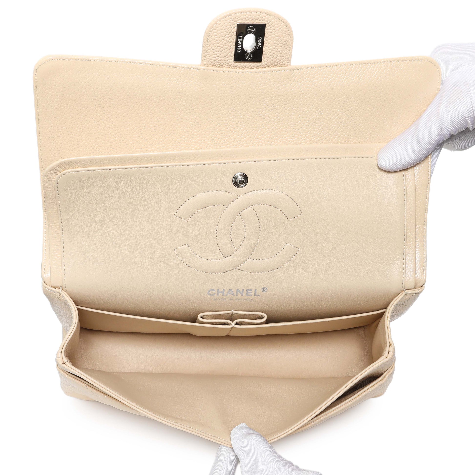Exclusive Chanel Beige Caviar Medium Classic Flap — Top View