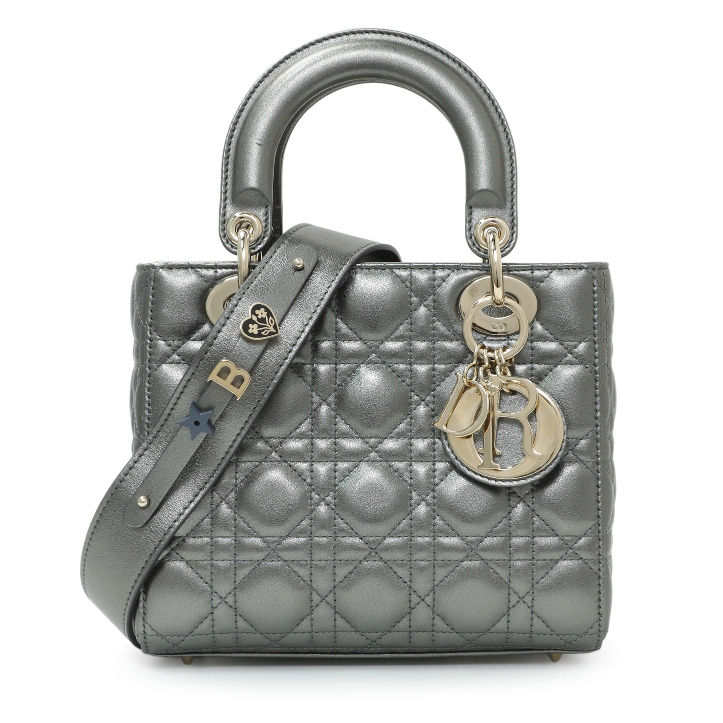 Exclusive Christian Dior Metallic Grey Lambskin Cannage Small Small My ABCDior Lady Dior — Front View
