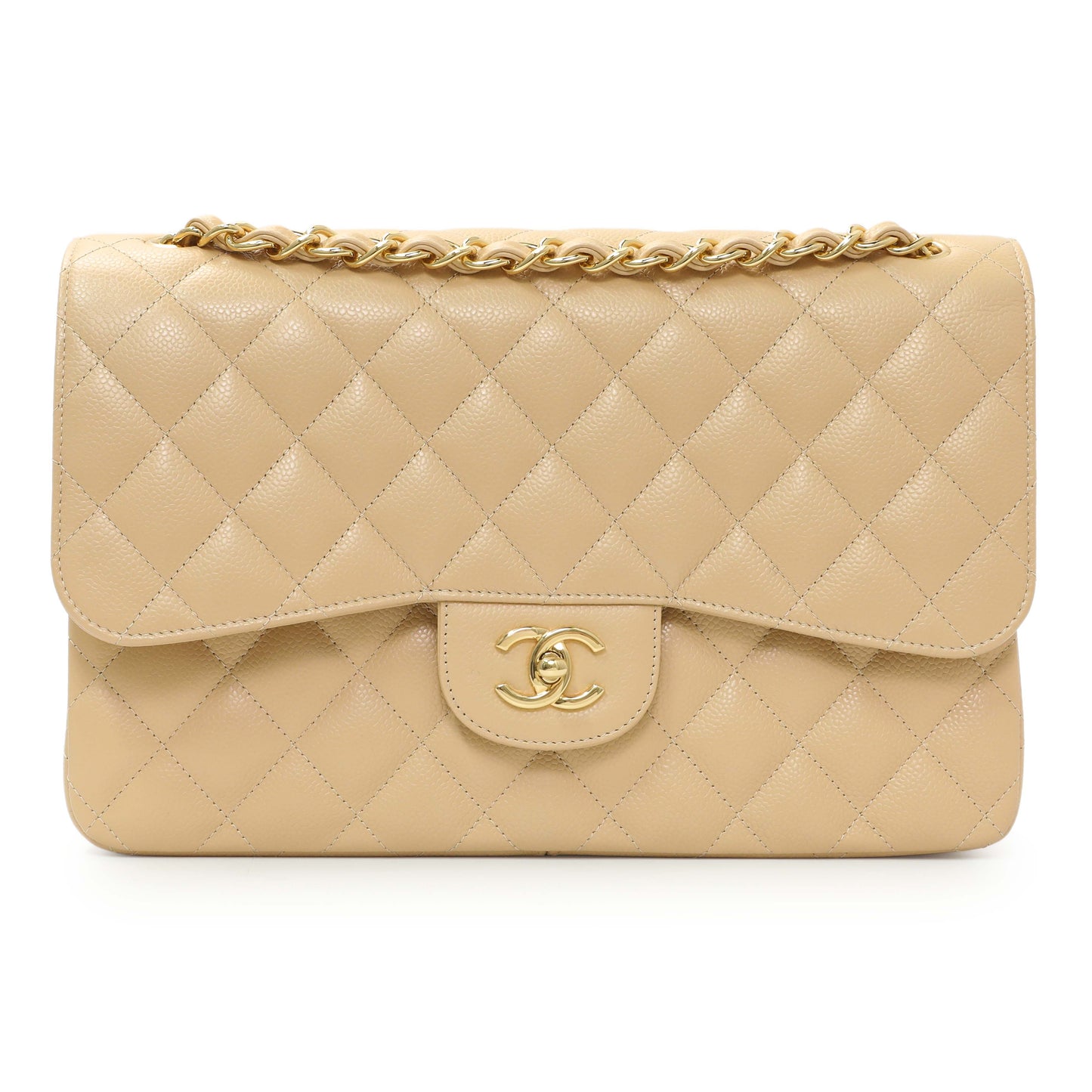 Exclusive Chanel Beige Quilted Caviar Jumbo Classic Double Flap — Front View
