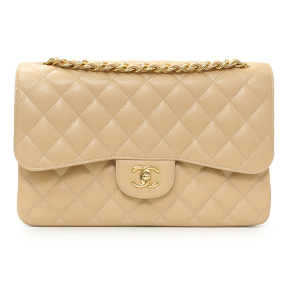 Exclusive Chanel Beige Quilted Caviar Jumbo Classic Double Flap — Front View