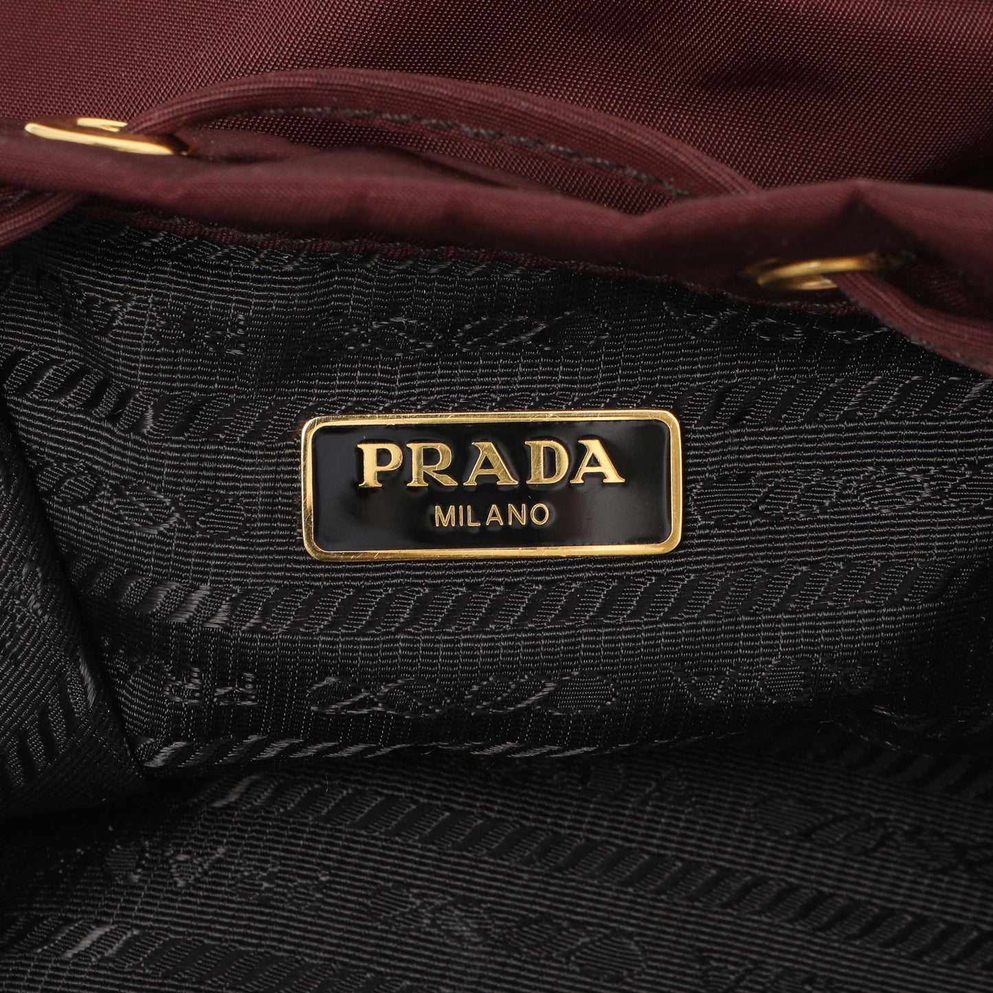 Exclusive Prada Burgundy Re-Nylon Saffiano Duet Bucket Crossbody Bag — Detail View