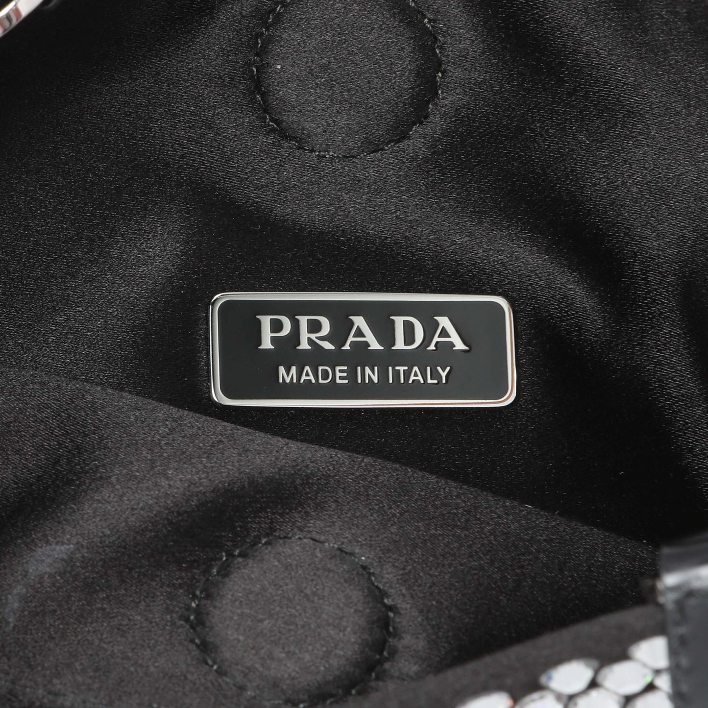 Exclusive Prada Black Satin Crystal Embellished Mini Tote — Detail View