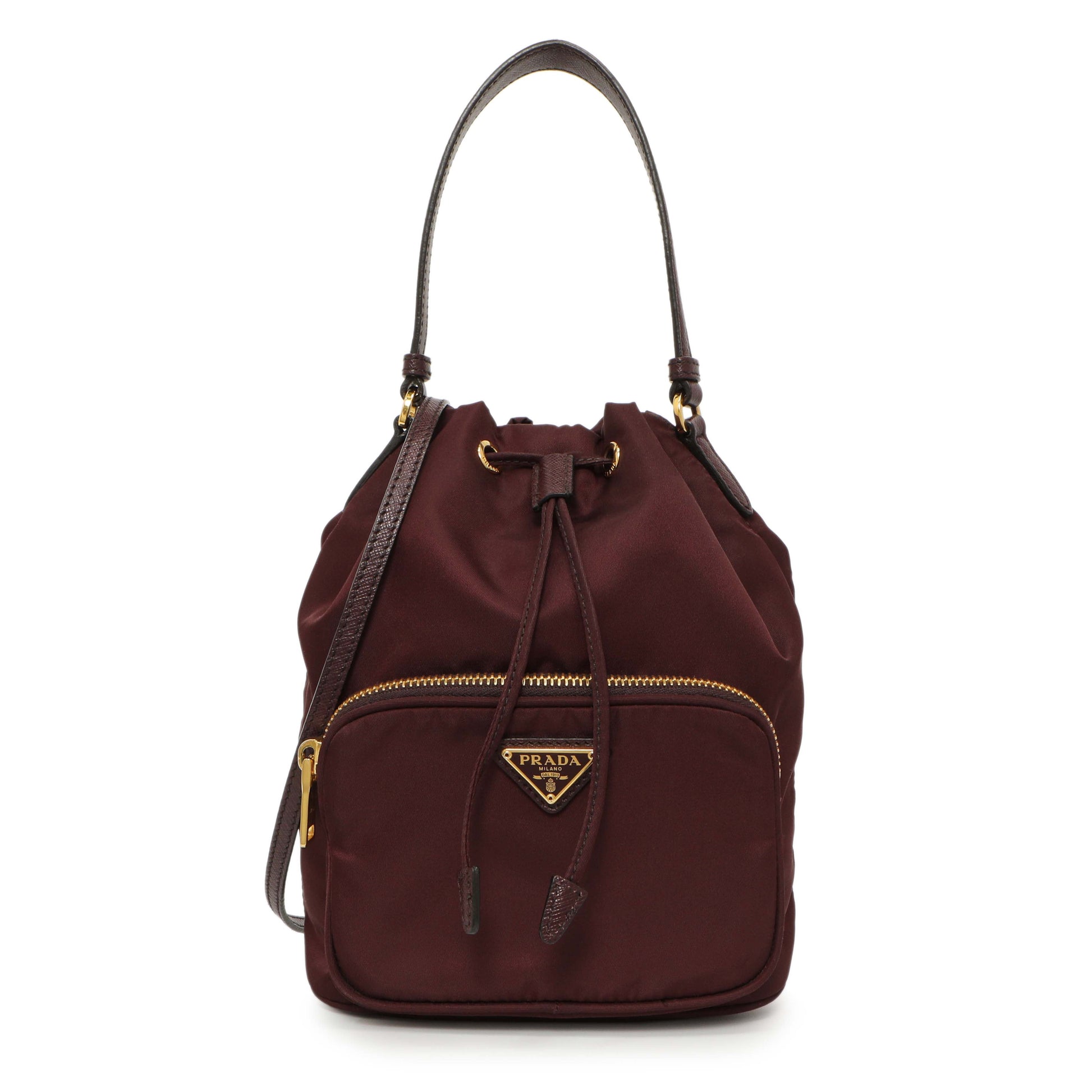 Exclusive Prada Burgundy Re-Nylon Saffiano Duet Bucket Crossbody Bag — Front View