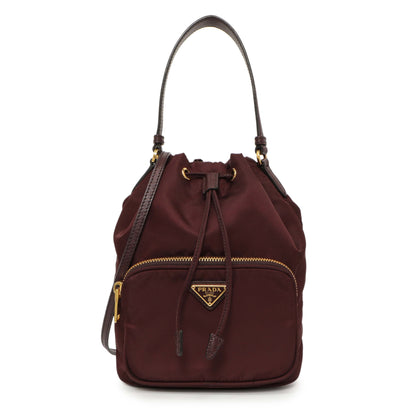 Exclusive Prada Burgundy Re-Nylon Saffiano Duet Bucket Crossbody Bag — Front View