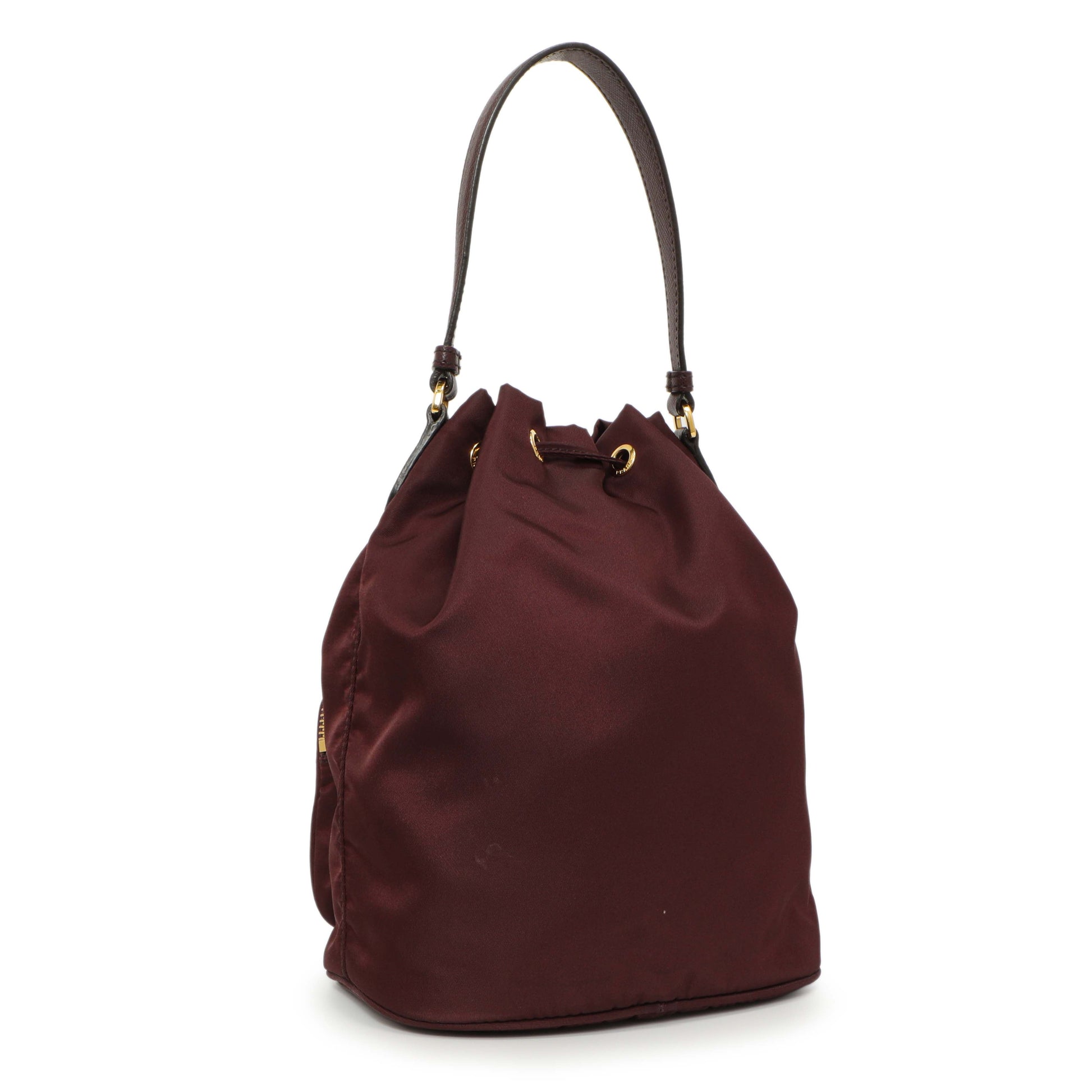Exclusive Prada Burgundy Re-Nylon Saffiano Duet Bucket Crossbody Bag — Side View