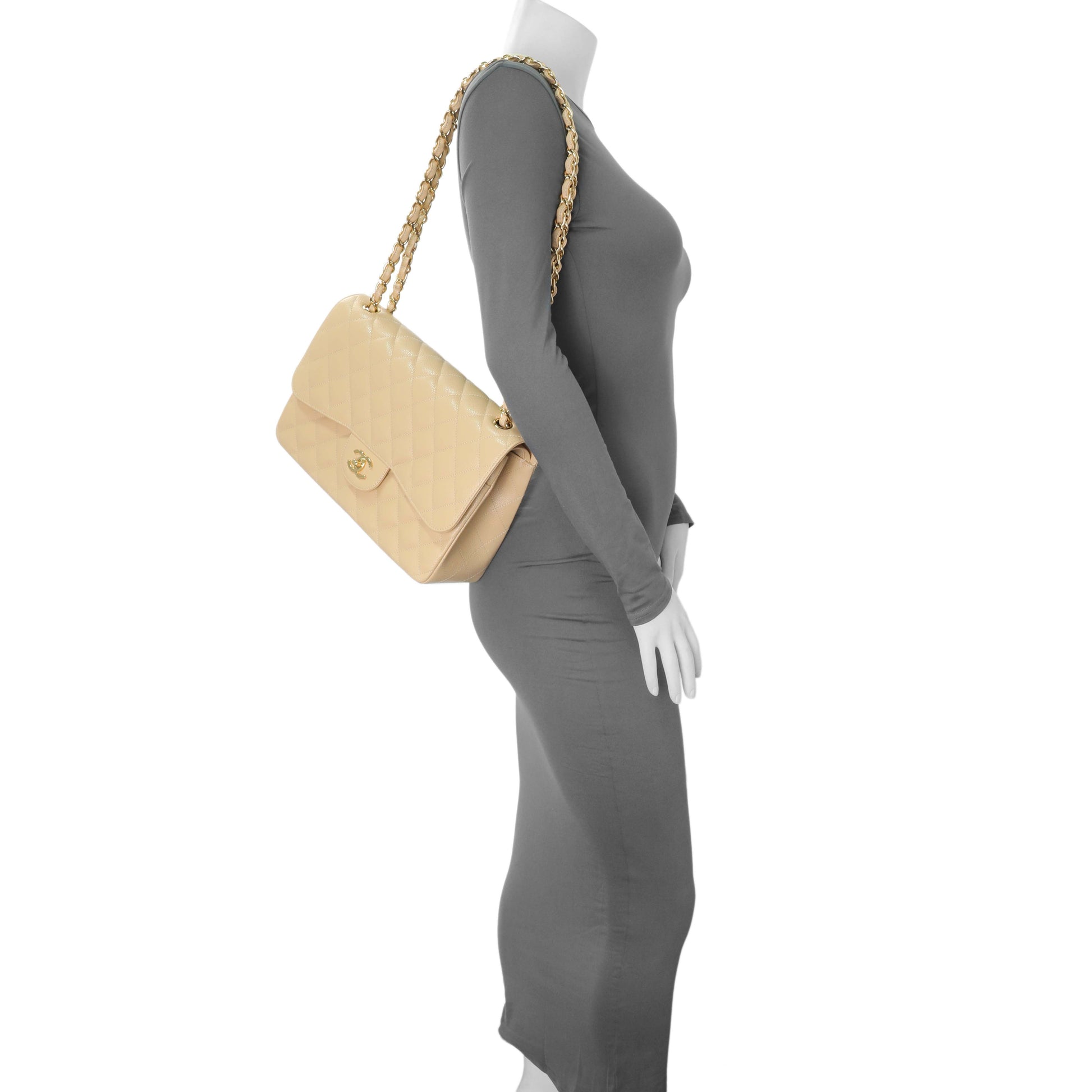 Exclusive Chanel Beige Quilted Caviar Jumbo Classic Double Flap — Alternate View 7
