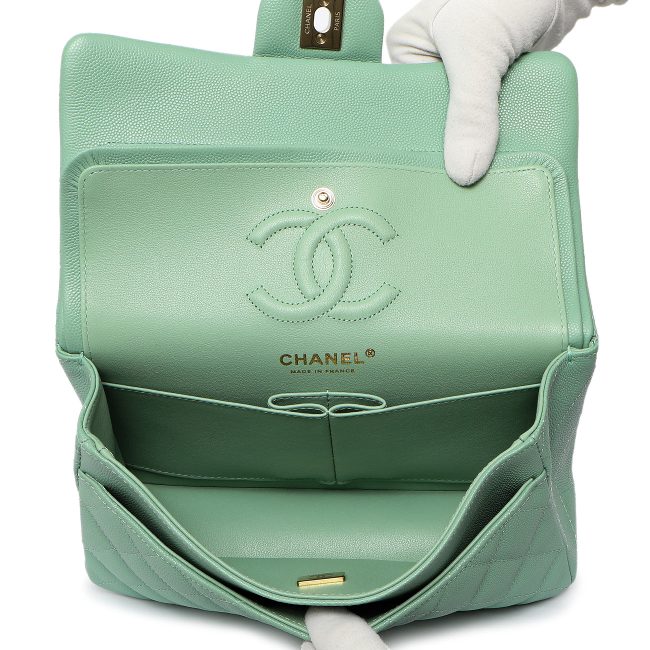 Exclusive Chanel Green Quilted Caviar Small Classic Double Flap — Detail View
