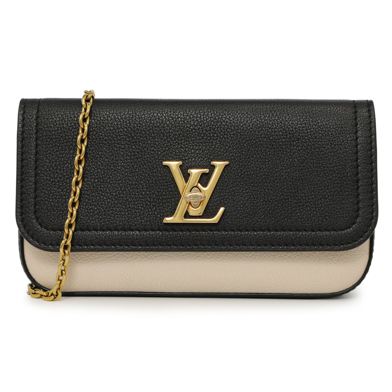 Exclusive Louis Vuitton Black Grained Calfskin Lockme Chain Phone Pouch — Front View
