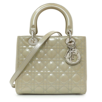 Exclusive Christian Dior Metallic Grey Patent Cannage Medium Lady Dior — Front View