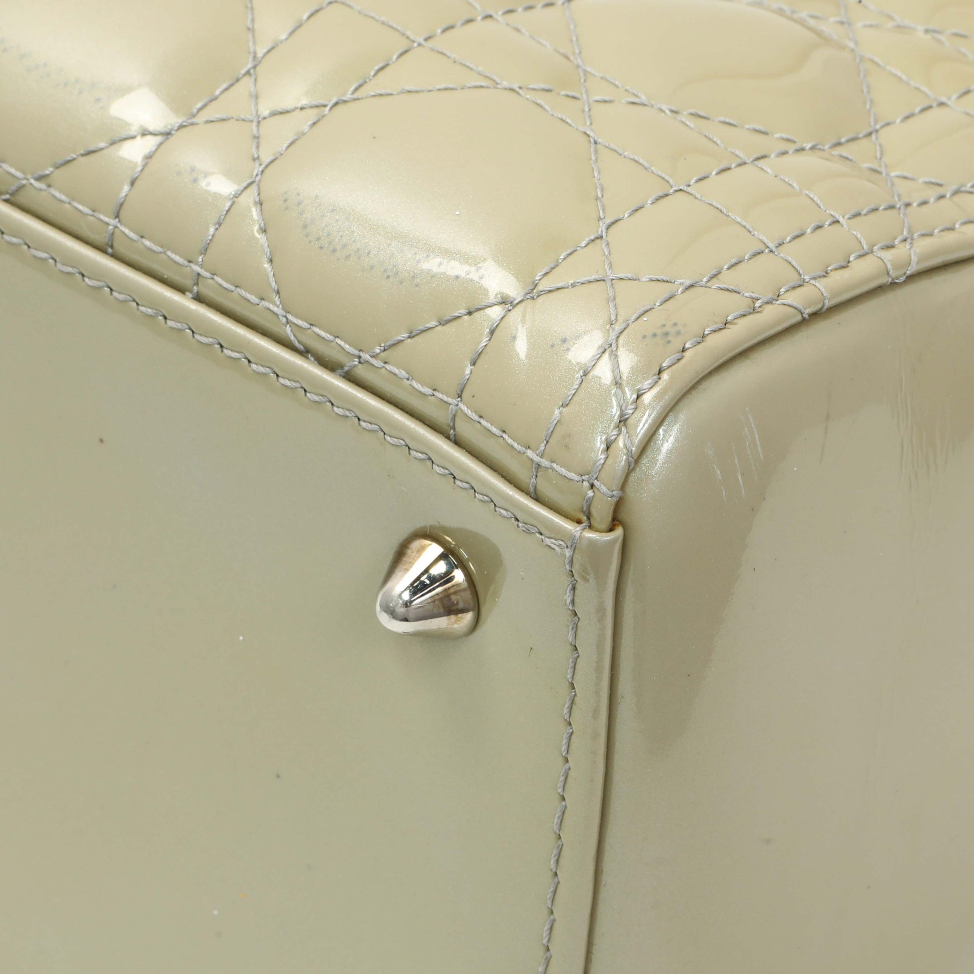 Exclusive Christian Dior Metallic Grey Patent Cannage Medium Lady Dior — Detail View