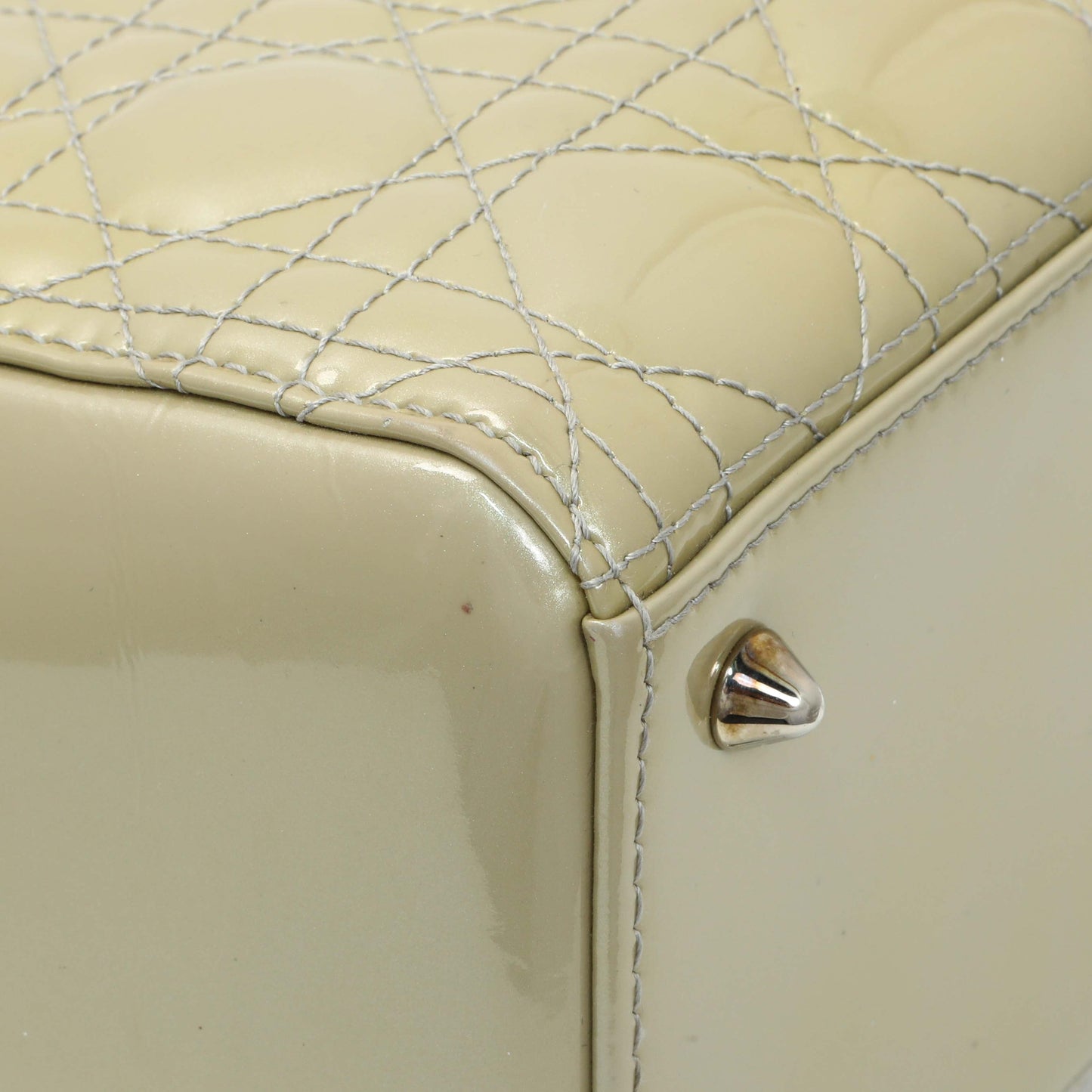 Exclusive Christian Dior Metallic Grey Patent Cannage Medium Lady Dior — Lifestyle View