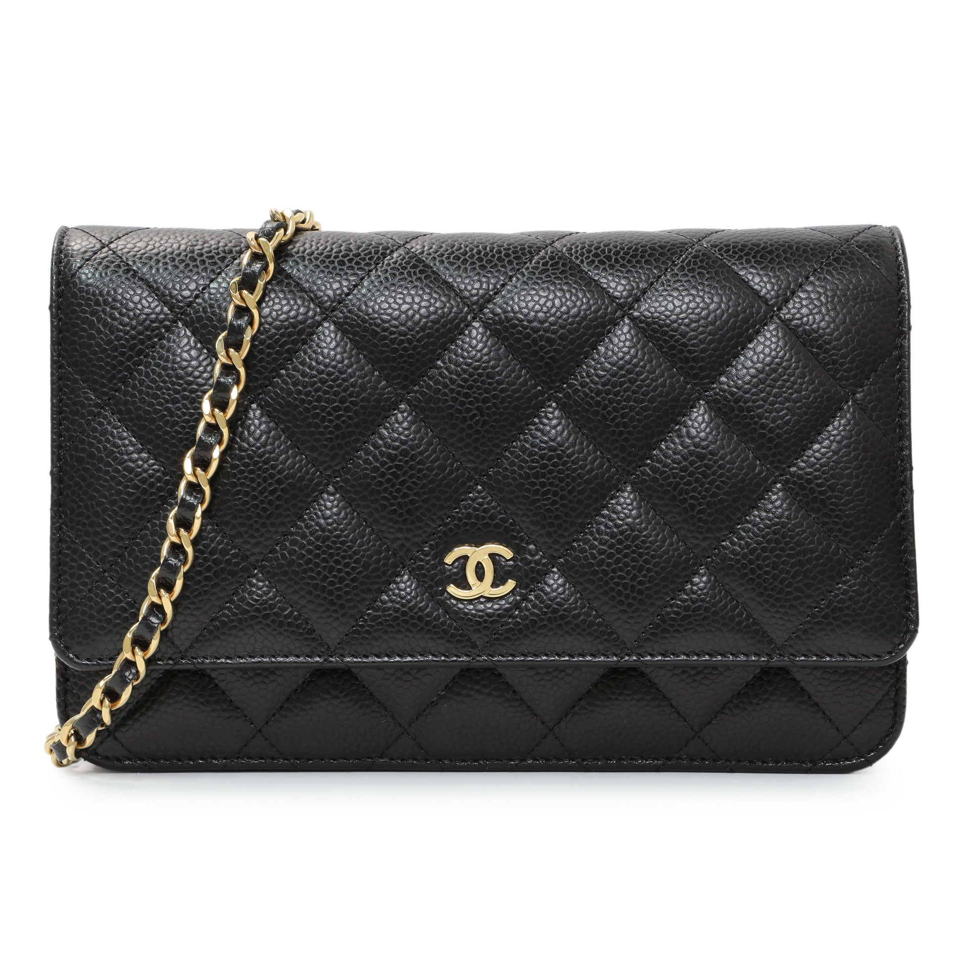 Exclusive Chanel Black Quilted Caviar Wallet on Chain — Front View
