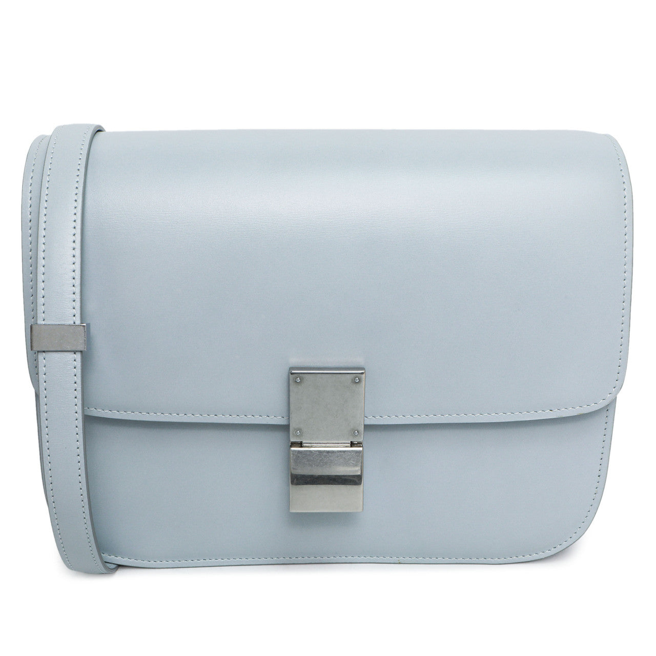 Exclusive Celine Pale Blue Box Calfskin Medium Classic Flap Bag — Front View
