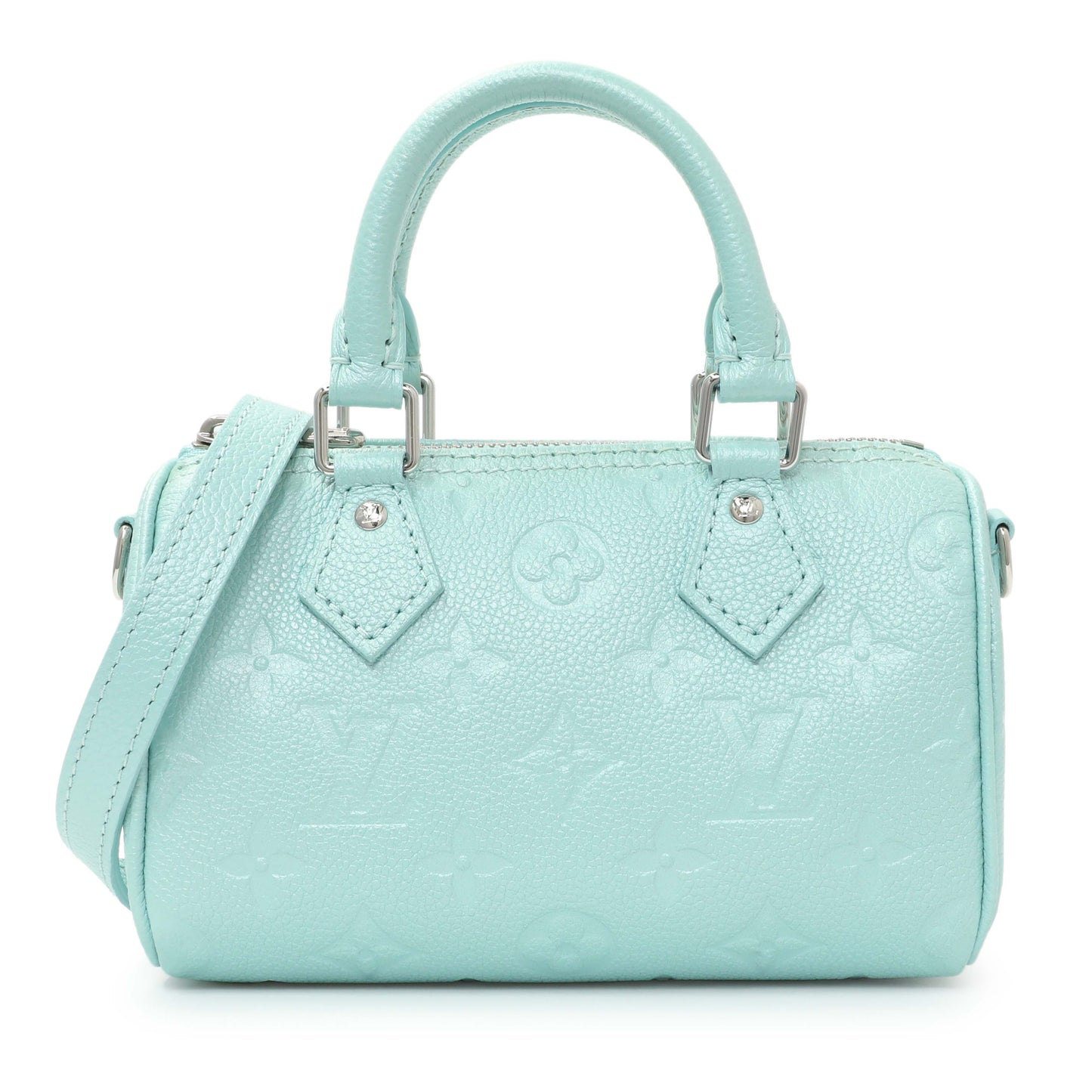 Exclusive Louis Vuitton Pearly Lagoon Turquoise Empreinte Monogram Nano Speedy — Front View