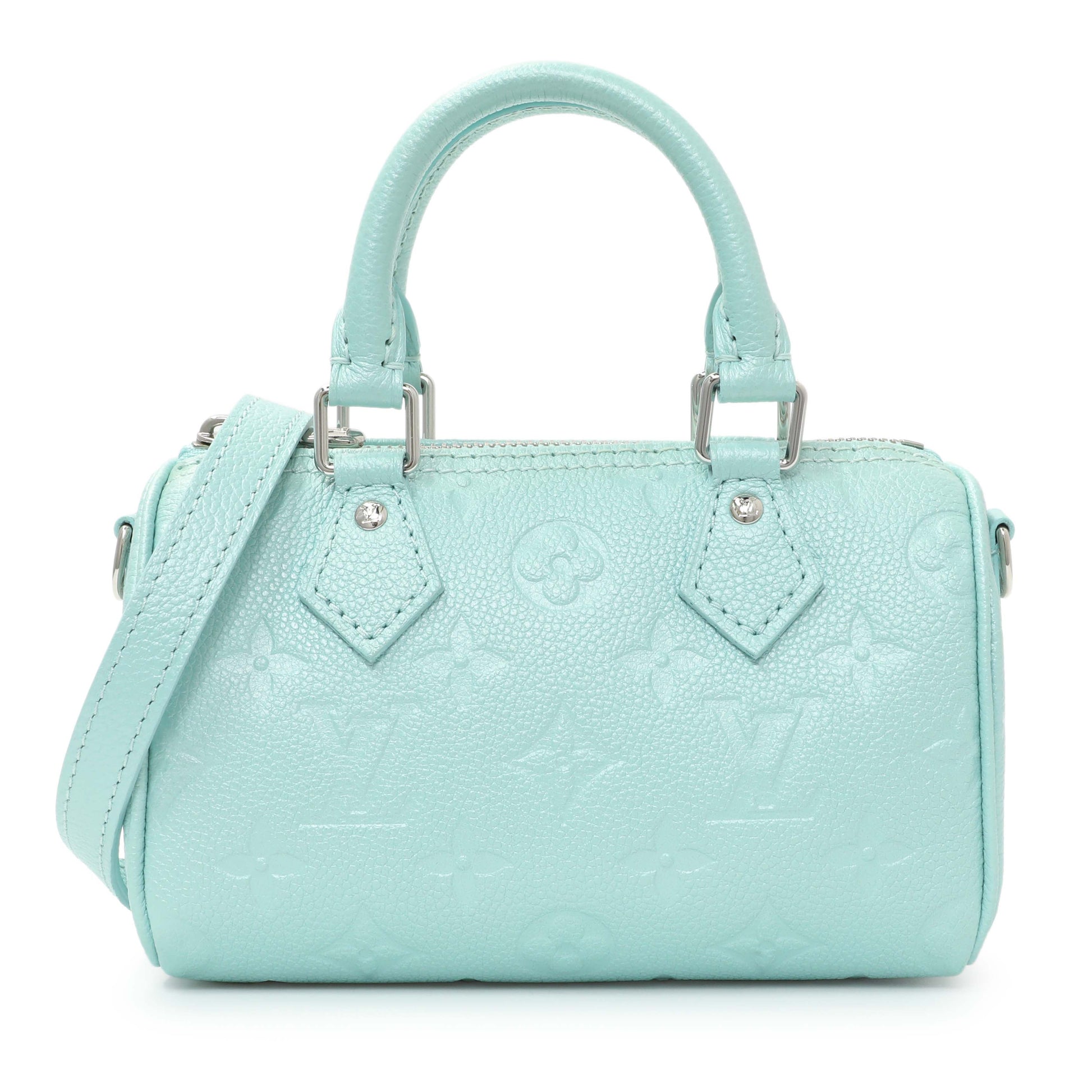 Exclusive Louis Vuitton Pearly Lagoon Turquoise Empreinte Monogram Nano Speedy — Front View