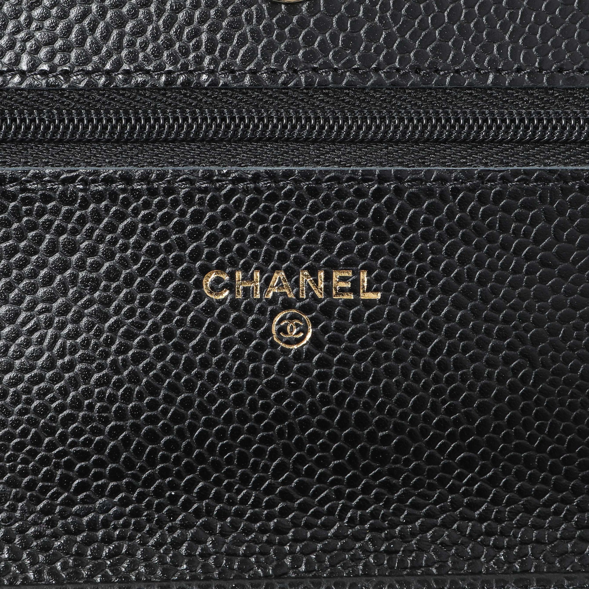 Exclusive Chanel Black Quilted Caviar Wallet on Chain — Detail View
