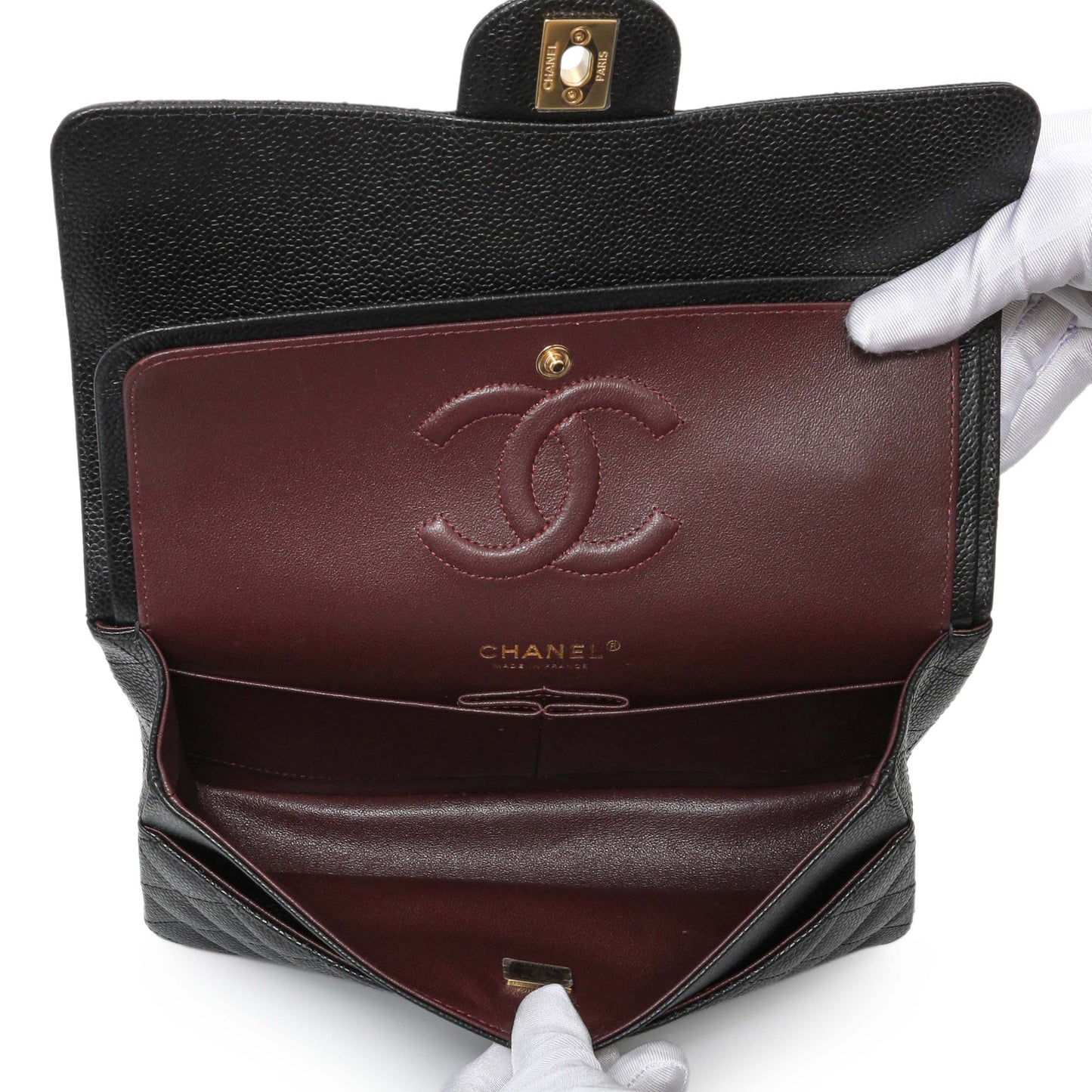 Exclusive Chanel Black Quilted Caviar Medium Classic Double Flap — Top View