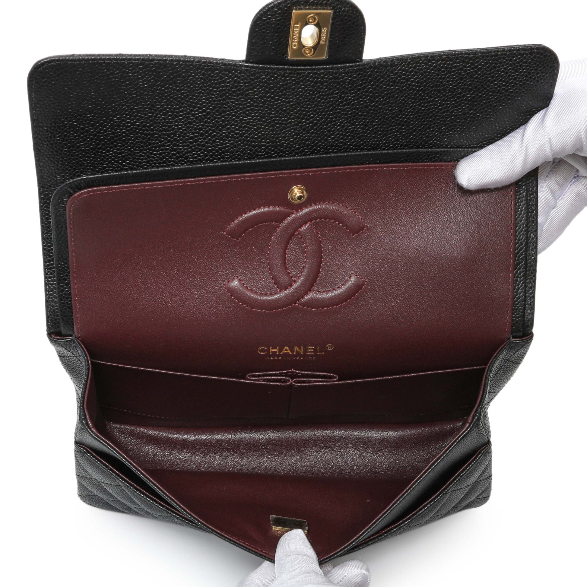 Exclusive Chanel Black Quilted Caviar Medium Classic Double Flap — Top View