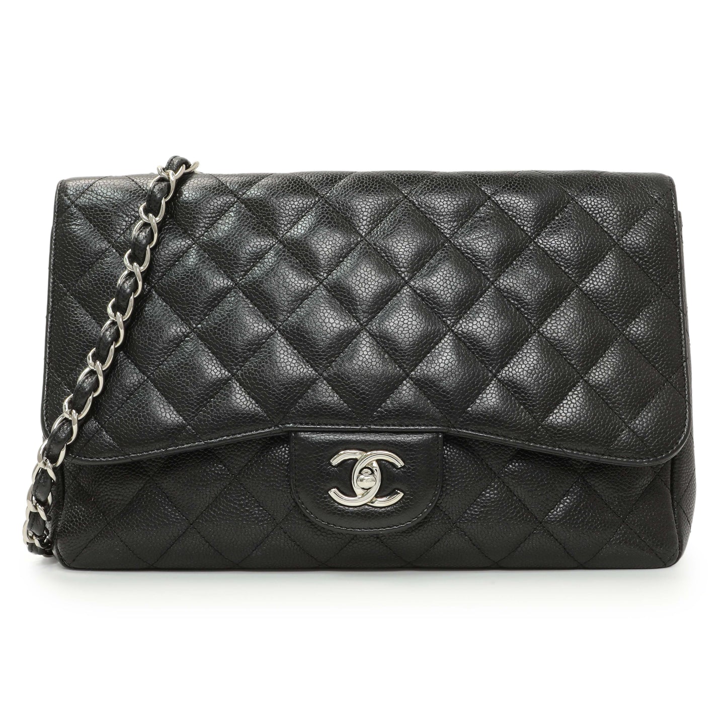 Exclusive Chanel Black Quilted Caviar Jumbo Single Flap — Front View