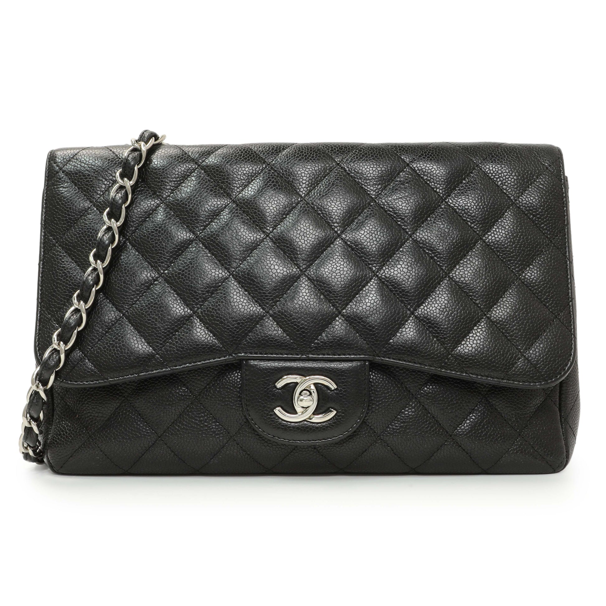 Exclusive Chanel Black Quilted Caviar Jumbo Single Flap — Front View