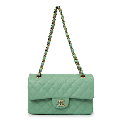 Exclusive Chanel Green Quilted Caviar Small Classic Double Flap — Front View