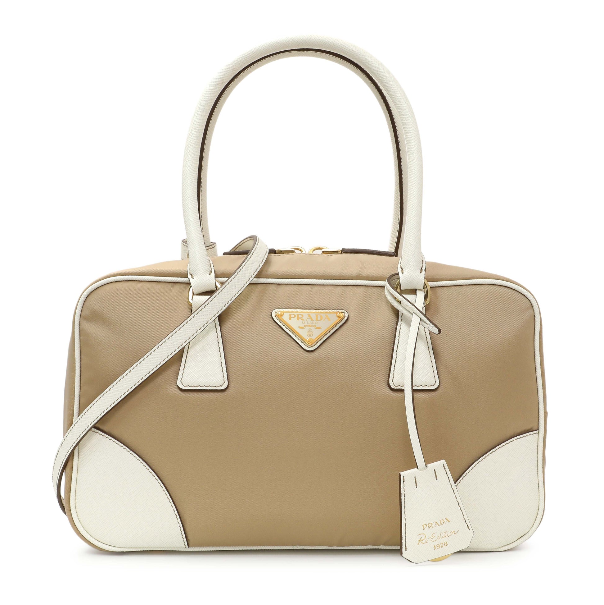 Exclusive Prada Camel White Re-Nylon Saffiano Medium Re-Edition 1978 Two Handle Bag — Front View