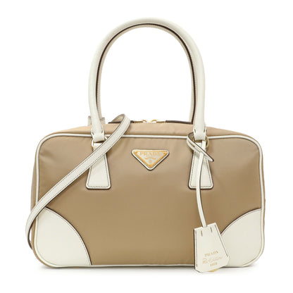 Exclusive Prada Camel White Re-Nylon Saffiano Medium Re-Edition 1978 Two Handle Bag — Front View
