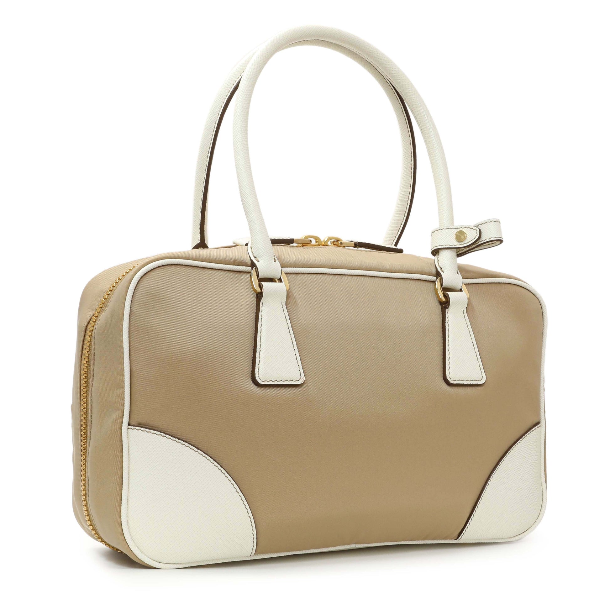 Exclusive Prada Camel White Re-Nylon Saffiano Medium Re-Edition 1978 Two Handle Bag — Side View