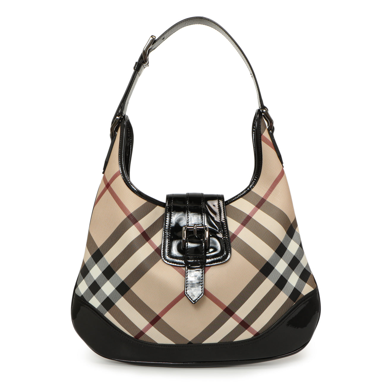 Exclusive Burberry Black Patent Nova Check Brook Hobo — Front View