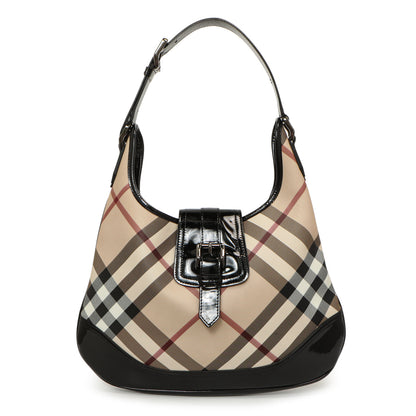 Exclusive Burberry Black Patent Nova Check Brook Hobo — Front View