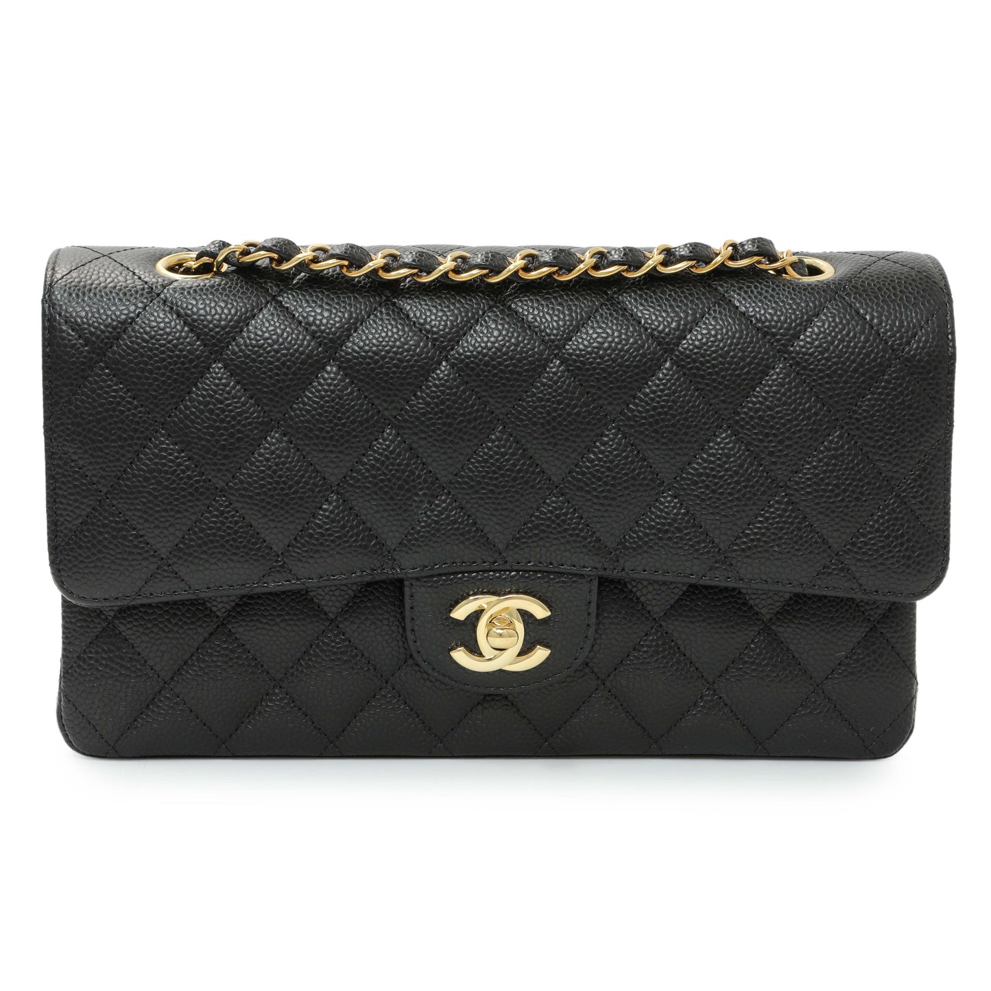 Exclusive Chanel Black Quilted Caviar Medium Classic Double Flap — Front View