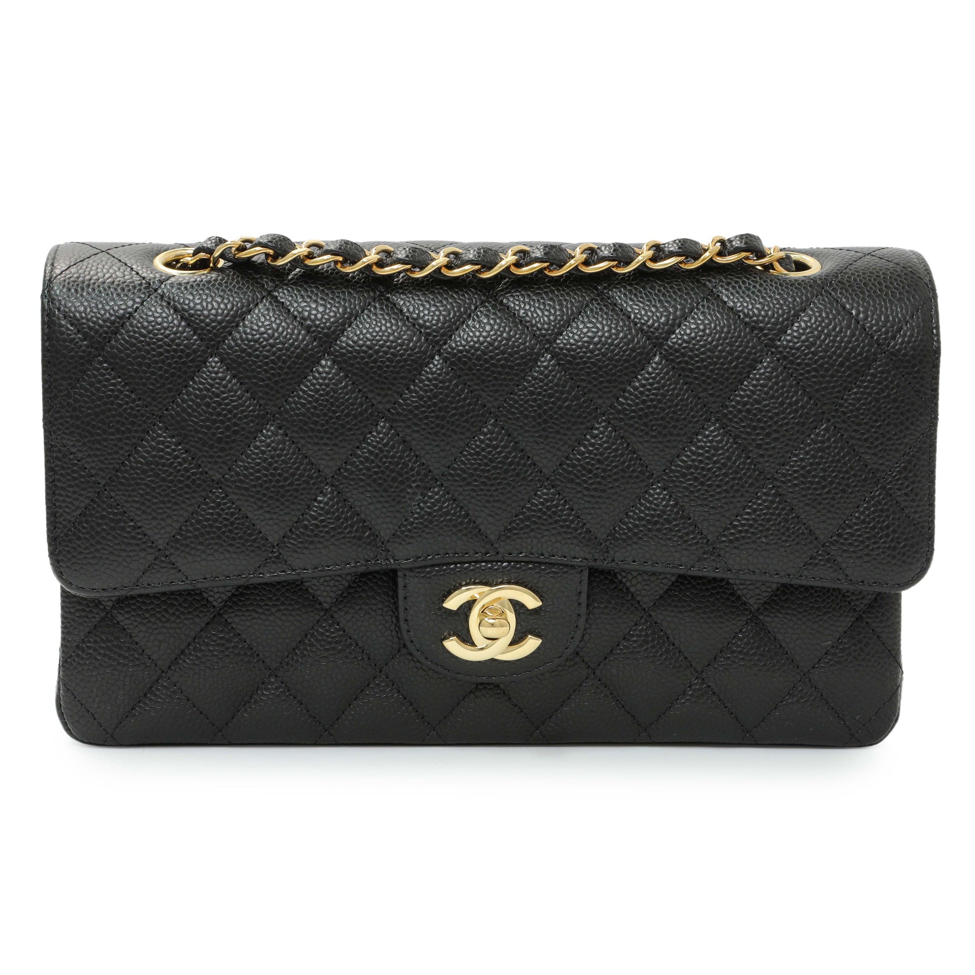 Exclusive Chanel Black Quilted Caviar Medium Classic Double Flap — Front View