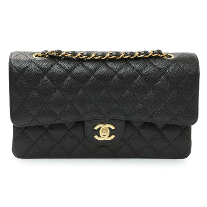 Exclusive Chanel Black Quilted Caviar Medium Classic Double Flap — Front View